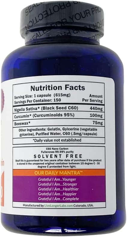Antioxidant Supplement with Carbon 60, Black Seed Oil, and Curcumin - 150 Gel Capsules for Longevity & Cognitive Function - All Natural Formula