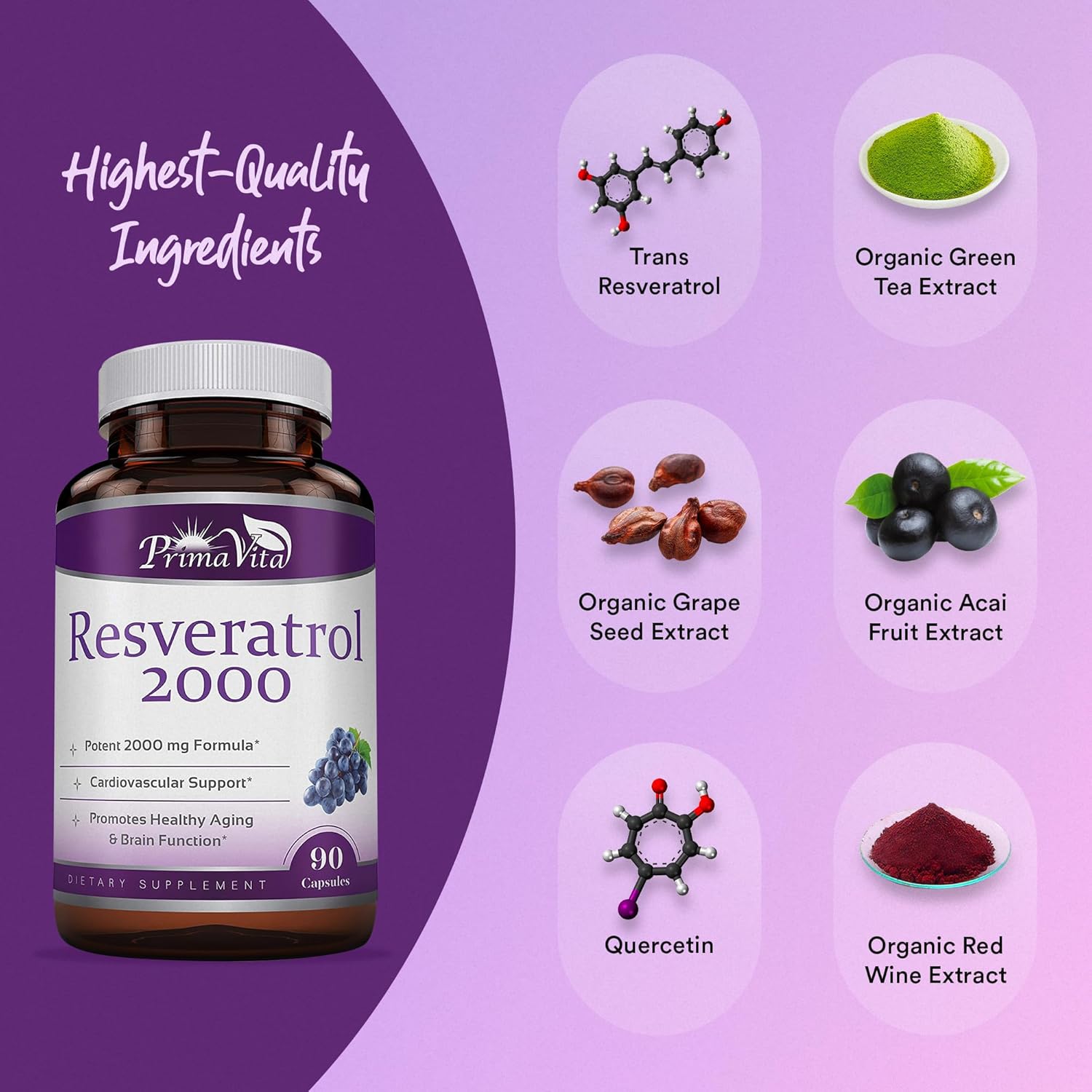 Antioxidant Support: PrimaVita Resveratrol & Grape Seed Extract Capsules - 2000mg with Quercetin - 90 Count