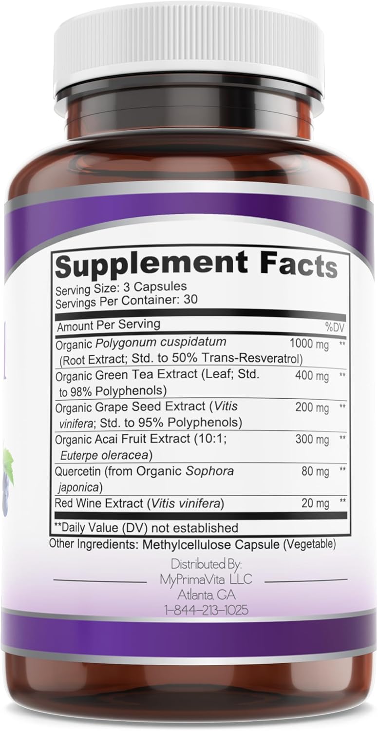 Antioxidant Support: PrimaVita Resveratrol & Grape Seed Extract Capsules - 2000mg with Quercetin - 90 Count
