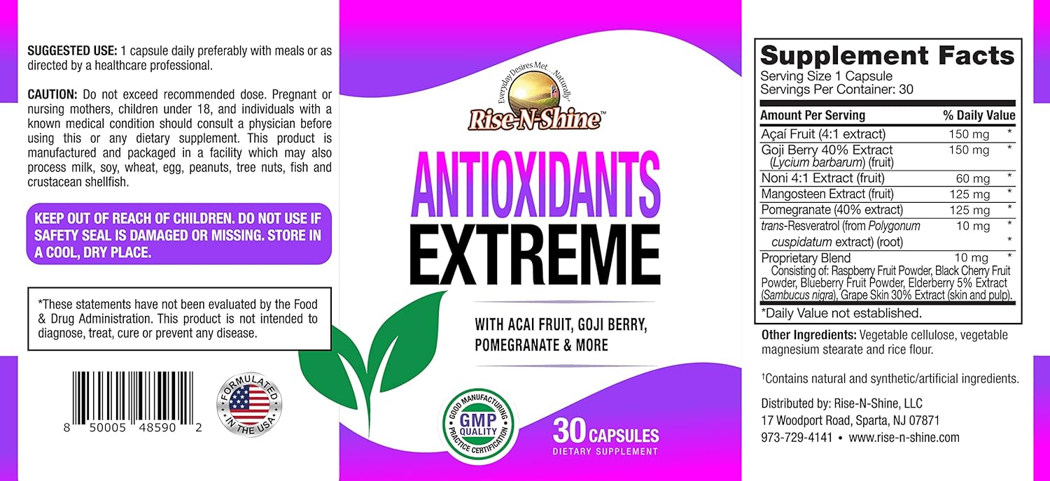 Antioxidants Extreme Supplement with Acai, Goji Berries, Noni, Mangosteen, Pomegranate, Resveratrol, Elderberry - 30 Count