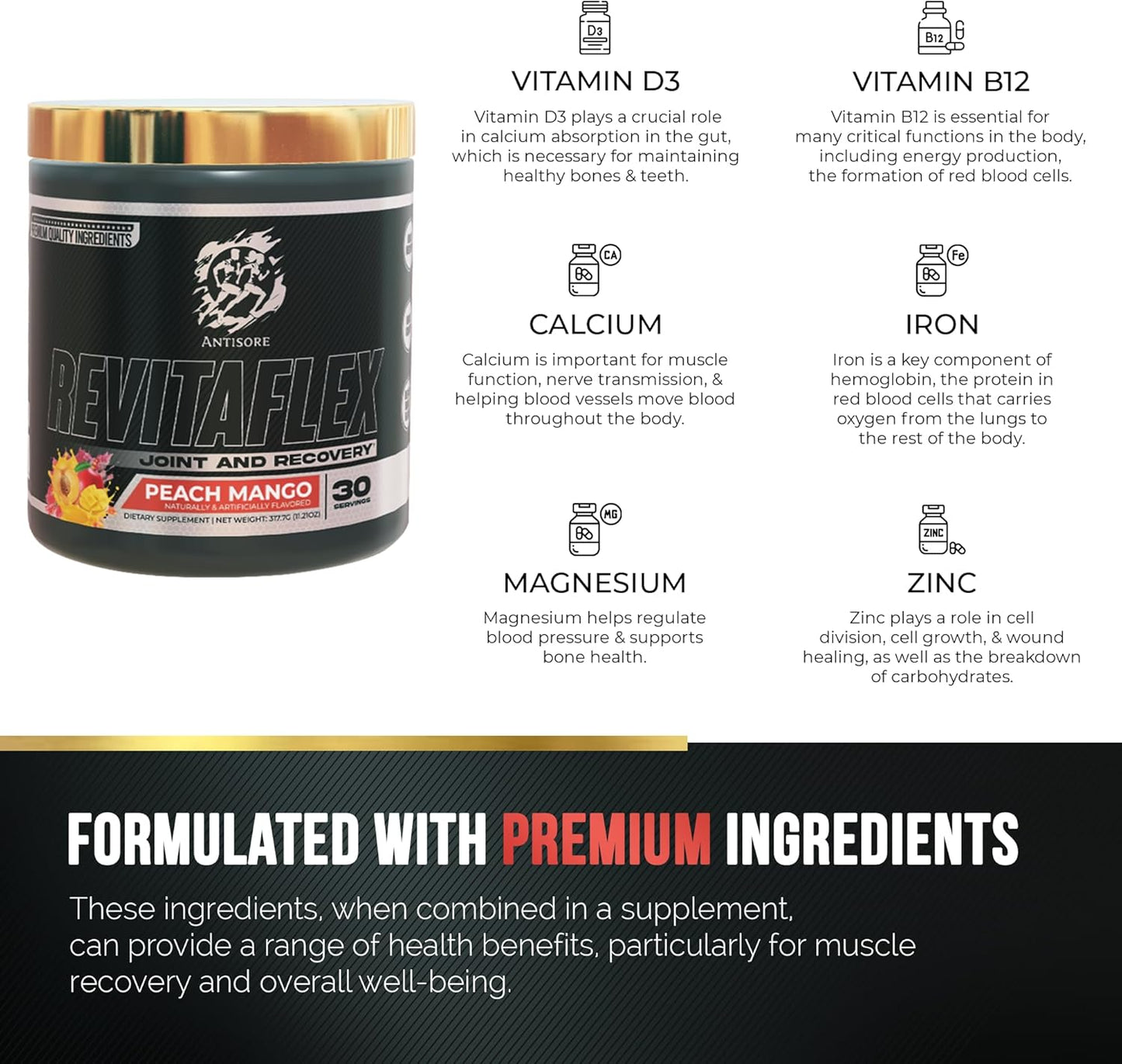 AntiSore Revitaflex: Premium Joint & Muscle Recovery Supplement - Peach Mango Flavor - Fast-Acting Formula - 30 Servings