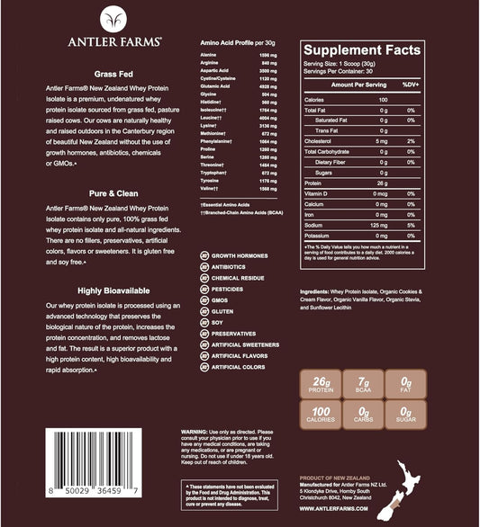 Antler Farms Grass-Fed New Zealand Whey Protein Isolate Cookies & Cream 2 lbs - Pure, Clean, 5 Ingredients, Cold Processed