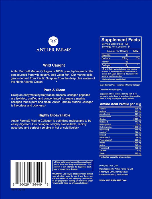 Antler Farms Marine Collagen Powder - 100% Pure, Wild Caught Pacific Snapper, 12 oz - Soluble in Hot or Cold Liquids, Highly Bioavailable, Rapid Absorption - Tasteless & Odorless