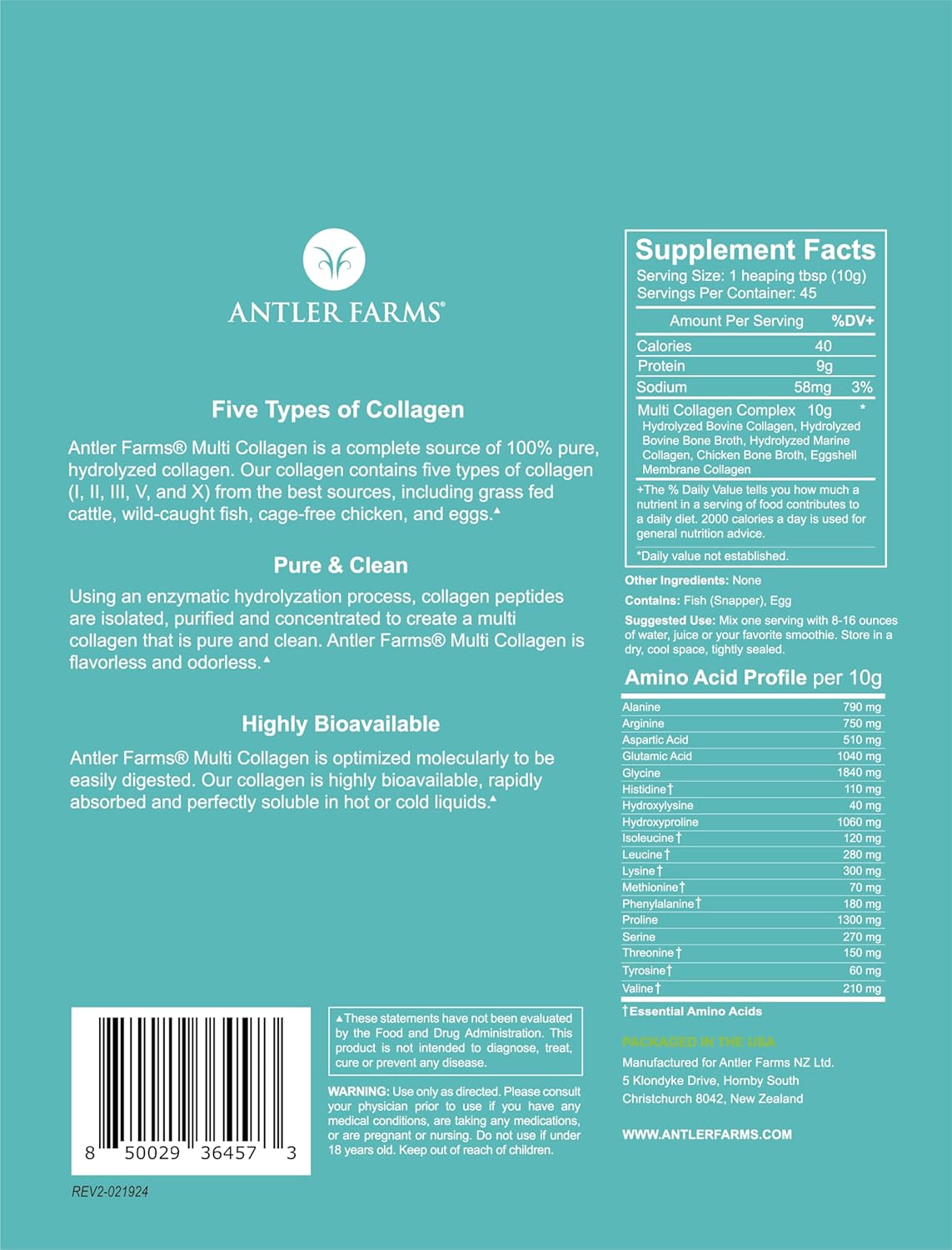 Antler Farms Multi Collagen Protein Powder - 5 Types (I, II, III, V, and X) - Pure Hydrolyzed Peptides - Bioavailable - Rapid Absorption - Unflavored - 1 lb - Men and Women