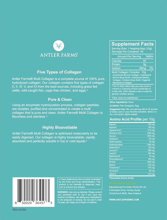 Antler Farms Multi Collagen Protein Powder - 5 Types (I, II, III, V, and X) - Pure Hydrolyzed Peptides - Bioavailable - Rapid Absorption - Unflavored - 1 lb - Men and Women