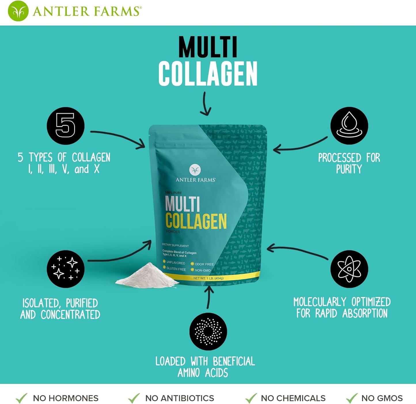 Antler Farms Multi Collagen Protein Powder - 5 Types (I, II, III, V, and X) - Pure Hydrolyzed Peptides - Bioavailable - Rapid Absorption - Unflavored - 1 lb - Men and Women