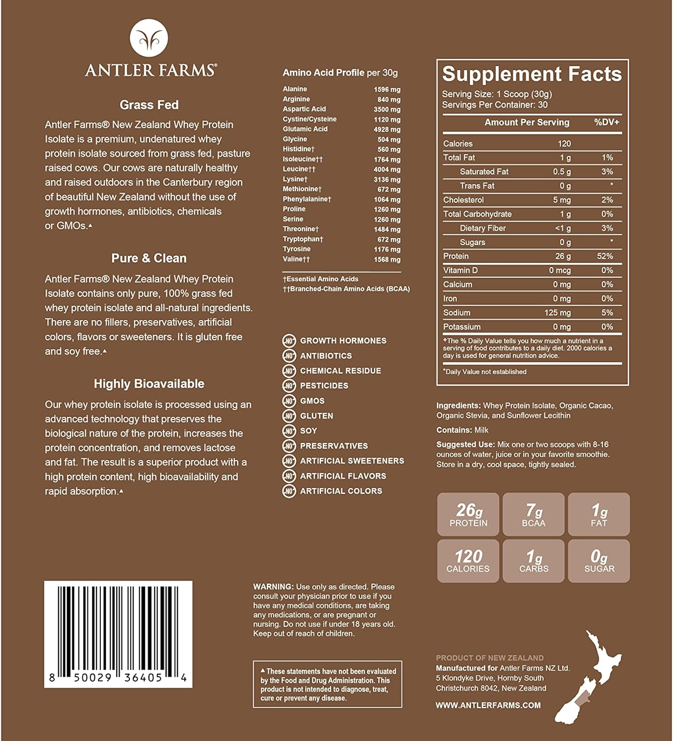 Antler Farms New Zealand Whey Protein Isolate - Chocolate Flavor, 2 lbs - 100% Grass Fed, Pure & Clean, Delicious, Cold Processed