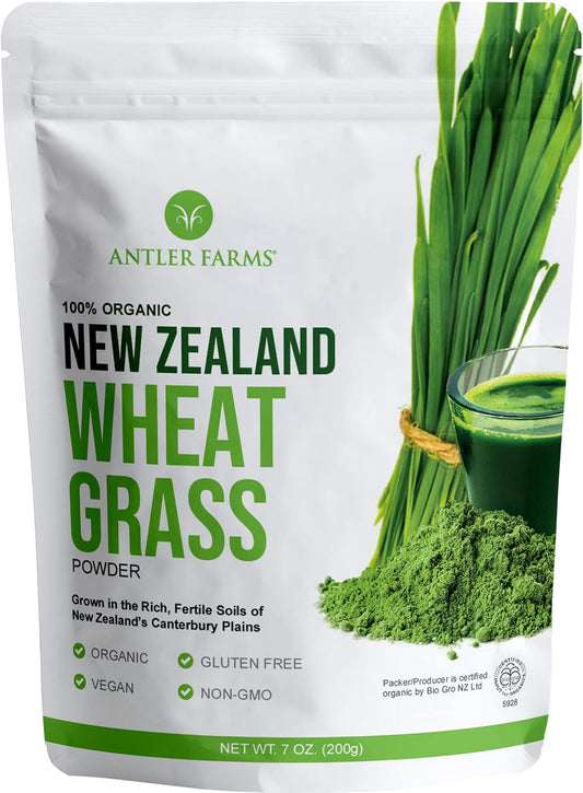 Antler Farms Organic New Zealand Wheatgrass Powder - 200g, 40 Servings - Raw, Vegan, Gluten Free, High Chlorophyll - Detox, Essential Amino Acids, Minerals - Nutrient Rich Wheat Grass