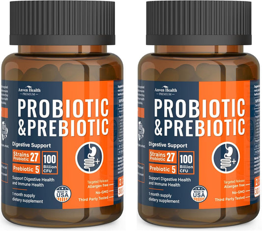 Anven Health 100 Billion Probiotics with 27 Strains and 5 Organic Prebiotics for Gut and Immune Support - 120 Vegan Capsules for Men and Women