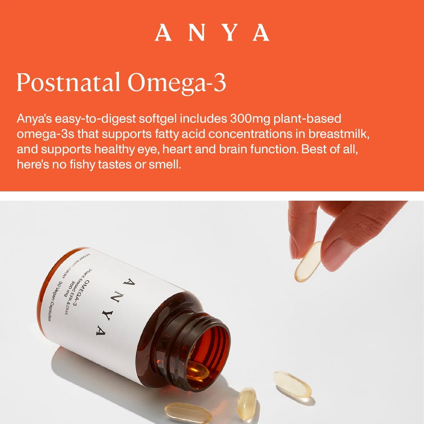 ANYA Omega-3 Postnatal Supplement for New Moms, 300mg DHA and EPA, Vegan, Non-GMO, Gluten-Free, Lactation Support