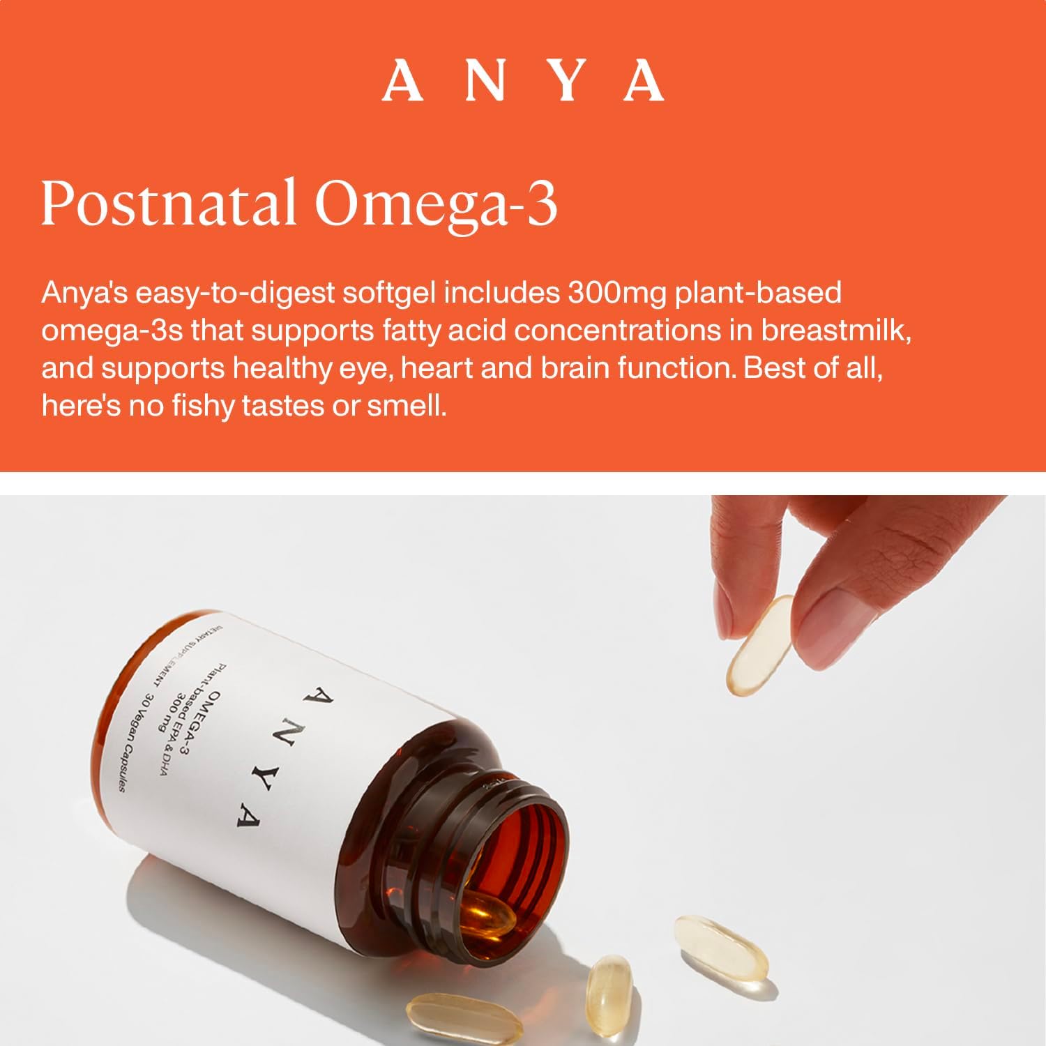 ANYA Omega-3 Postnatal Supplement for New Moms, 300mg DHA and EPA, Vegan, Non-GMO, Gluten-Free, Lactation Support