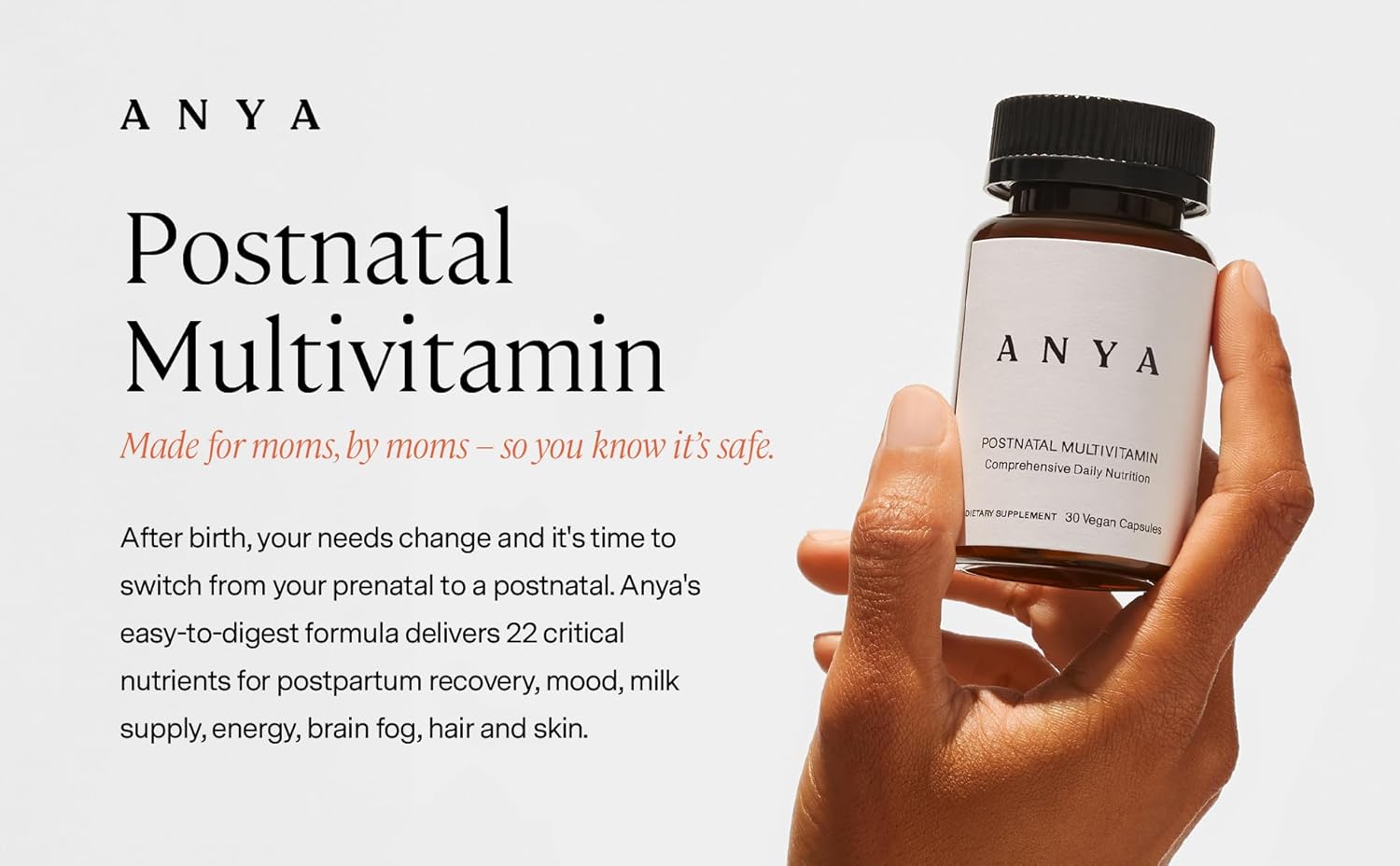 ANYA Postpartum Multivitamin: Breastfeeding Support, 30 Capsules - A, C, D3, Zinc, B12, Biotin, Folate, Iron - Vegan, Non-GMO