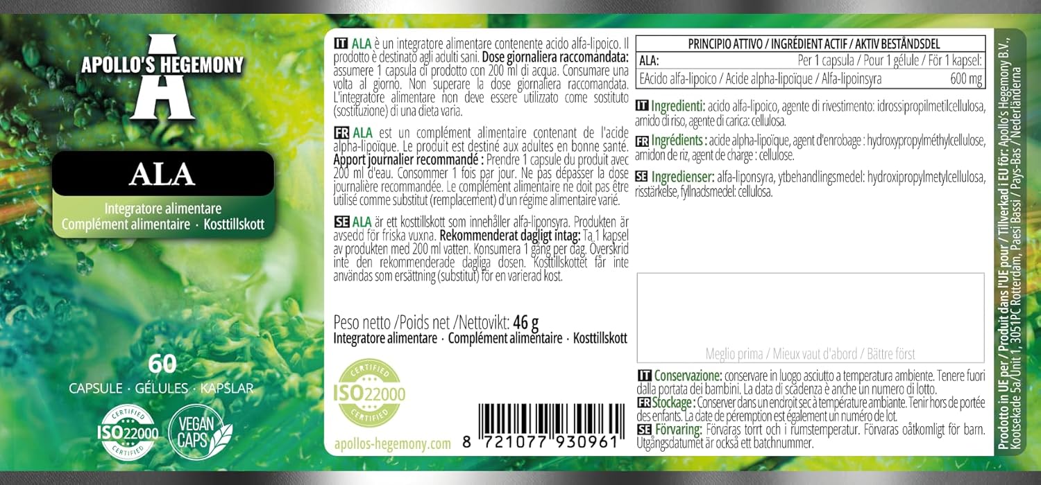 Apollo's Hegemony ALA 600 mg - 60 Vegan Capsules - Glucose & Mitochondrial Health Support - 2 Month Supply