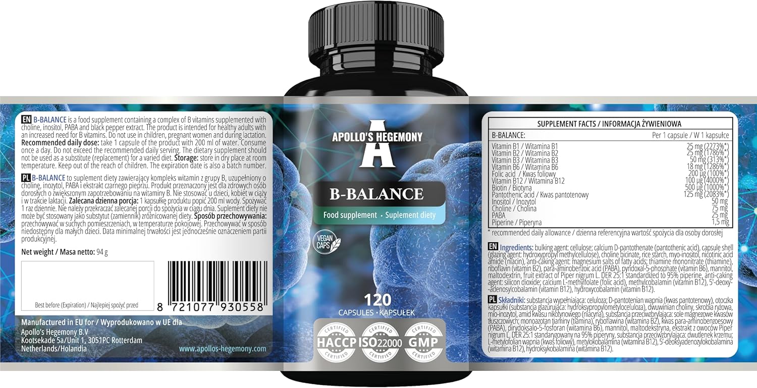 Apollo's Hegemony B-Balance 120 Capsules - Vegan Vitamin B Complex with B1, B2, B6, B12, Folate - 4 Month Supply - Health Support