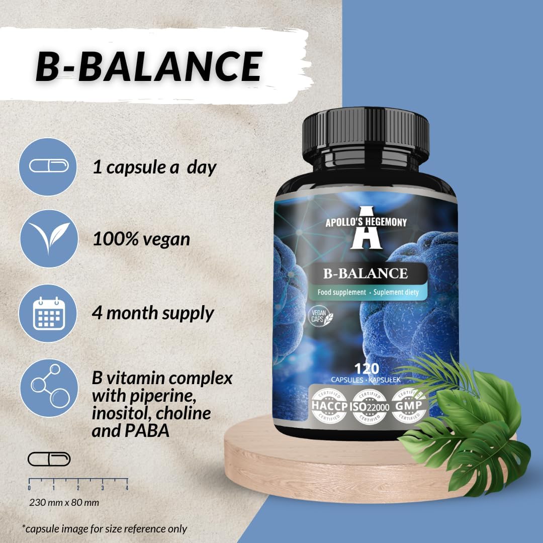 Apollo's Hegemony B-Balance 120 Capsules - Vegan Vitamin B Complex with B1, B2, B6, B12, Folate - 4 Month Supply - Health Support