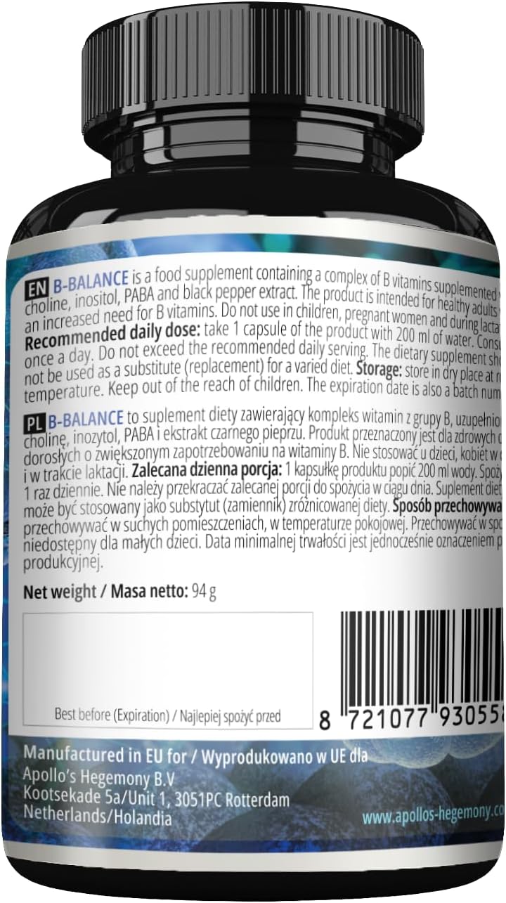 Apollo's Hegemony B-Balance 120 Capsules - Vegan Vitamin B Complex with B1, B2, B6, B12, Folate - 4 Month Supply - Health Support