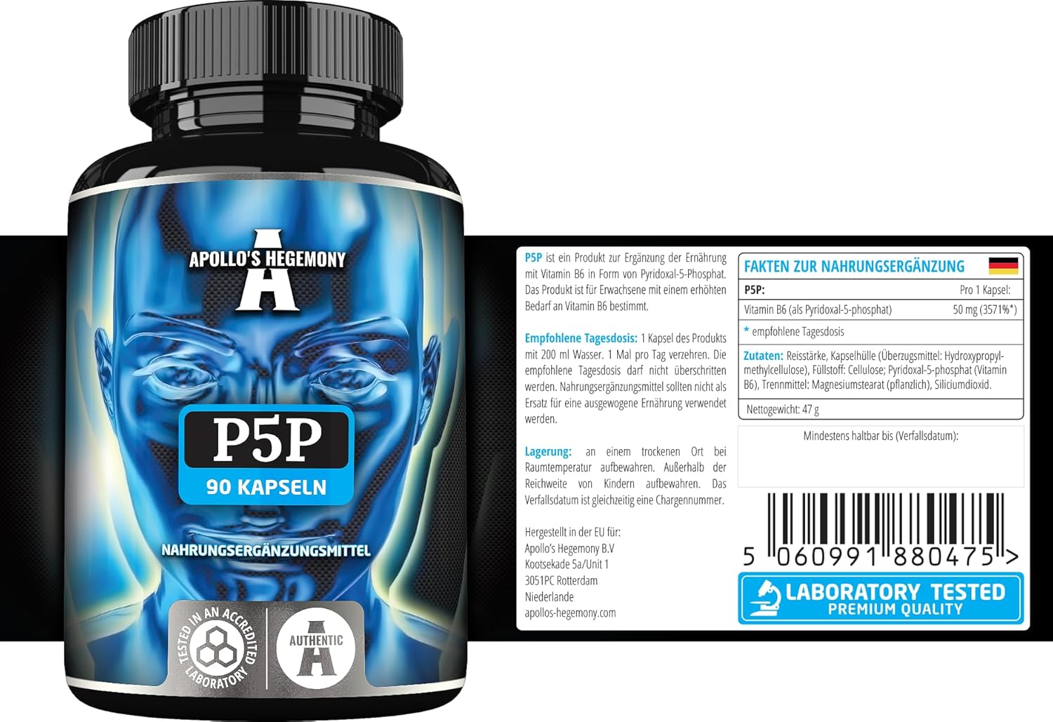 Apollo's Hegemony Pyridoxal-5-Phosphate 50mg - 90 Vegan Capsules - Vitamin B6 Supplement for Nervous System & Mood Support - 3 Month Supply