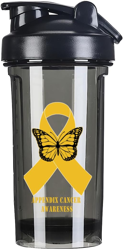Appendix Cancer Awareness 18oz Shaker Bottle - Leak-Proof Pre-Workout Protein Shake Mixer - Meal Replacement Bottle - Black Color