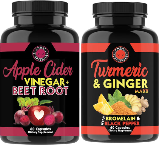 Apple Cider Vinegar + Beet Root Powder Capsules & Turmeric Ginger Maxx Capsules Combo Pack - Digestive Health for Men and Women (120ct)