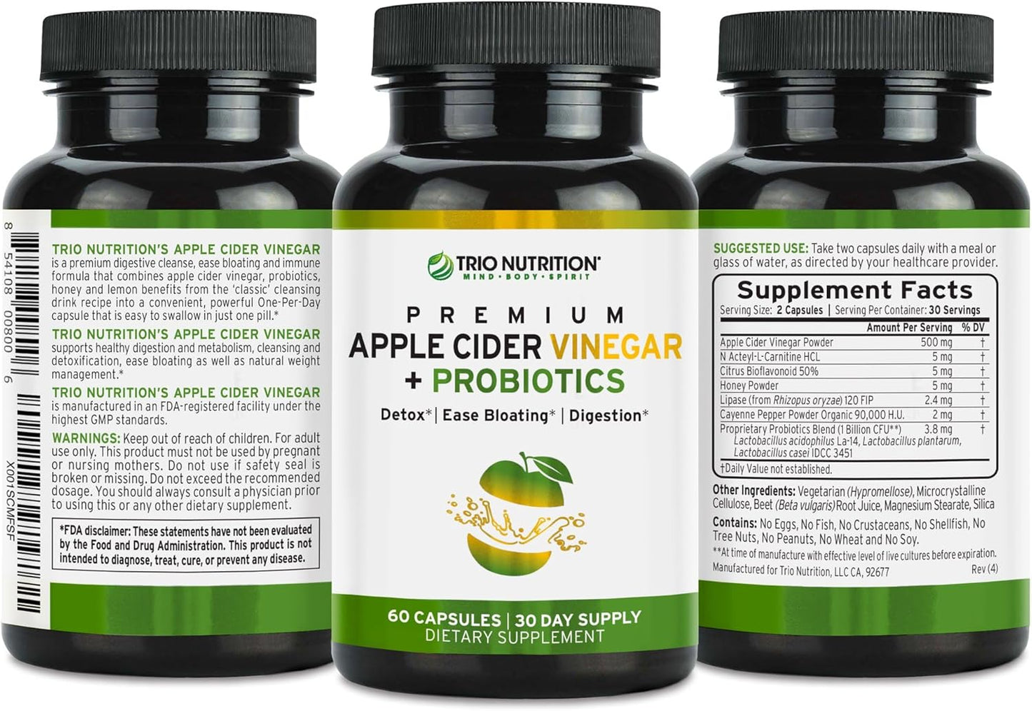 Apple Cider Vinegar Capsules with Probiotics for Gut Health, Immunity & Body Cleanse - Sugar Free ACV with The Mother for Healthy pH*