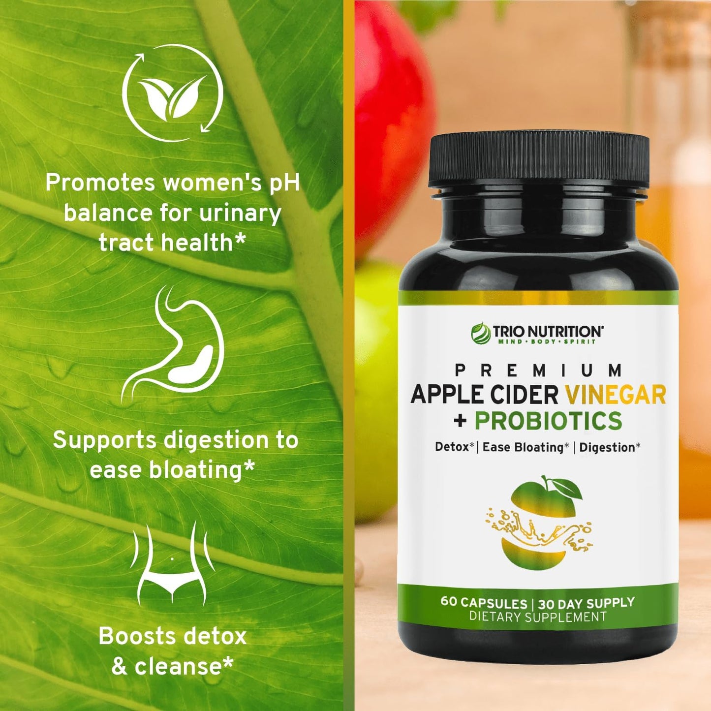 Apple Cider Vinegar Capsules with Probiotics for Gut Health, Immunity & Body Cleanse - Sugar Free ACV with The Mother for Healthy pH*