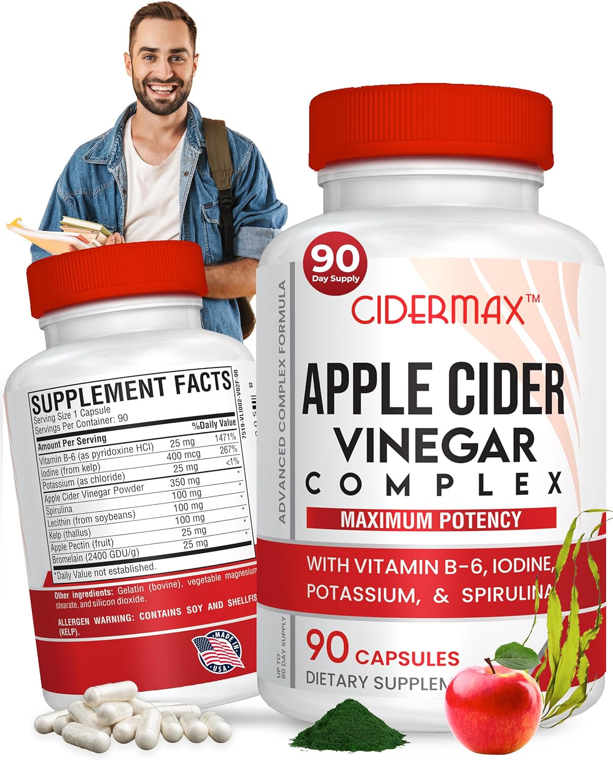 Apple Cider Vinegar Complex Capsules - 90-Day Supply for Gut Health, Weight Management & Detox - Natural B6, Kelp, Potassium, & Spirulina Supplement