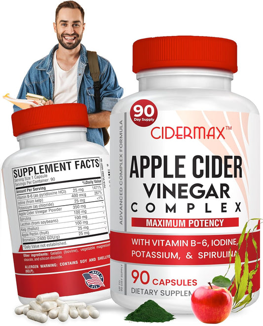 Apple Cider Vinegar Complex Capsules - 90-Day Supply for Gut Health, Weight Management & Detox - Natural B6, Kelp, Potassium, & Spirulina Supplement