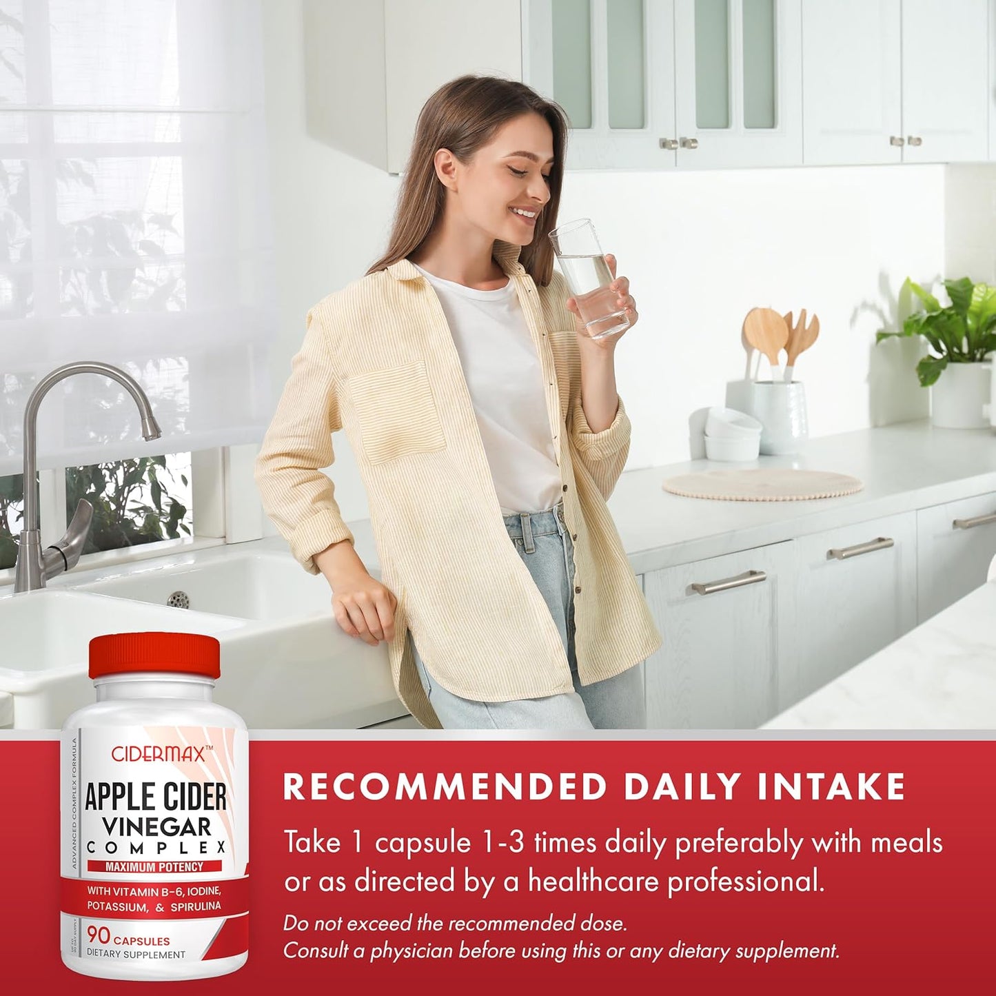 Apple Cider Vinegar Complex Capsules - 90-Day Supply for Gut Health, Weight Management & Detox - Natural B6, Kelp, Potassium, & Spirulina Supplement