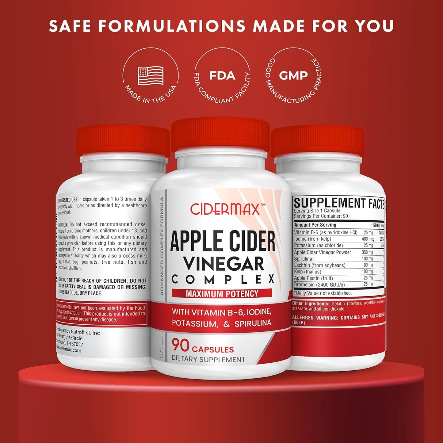 Apple Cider Vinegar Complex Capsules - 90-Day Supply for Gut Health, Weight Management & Detox - Natural B6, Kelp, Potassium, & Spirulina Supplement