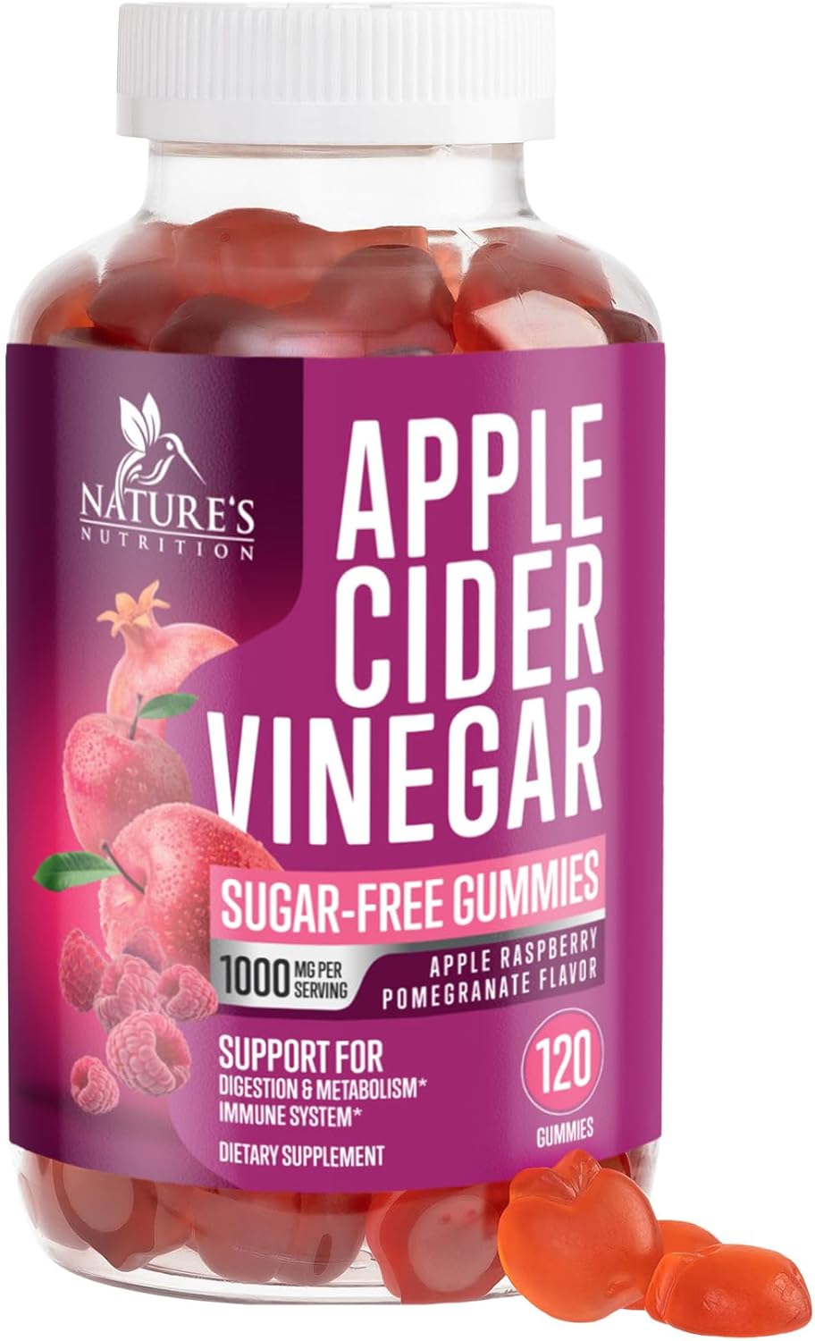 Apple Cider Vinegar Gummies 1000mg for Detox & Cleanse - Supports Digestion, Metabolism, Immune Health - Natural Apple Raspberry Flavor - Gluten Free & Vegan - 120 Gummies
