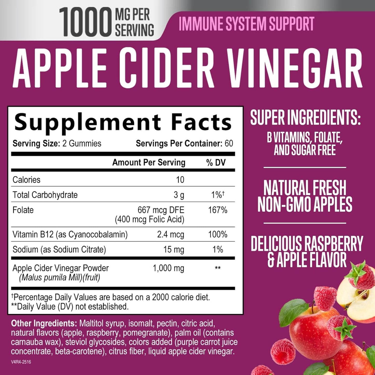 Apple Cider Vinegar Gummies 1000mg for Detox & Cleanse - Supports Digestion, Metabolism, Immune Health - Natural Apple Raspberry Flavor - Gluten Free & Vegan - 120 Gummies
