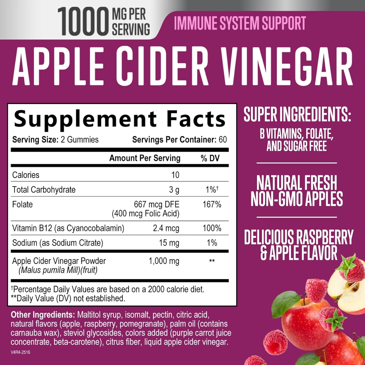 Apple Cider Vinegar Gummies 1000mg for Detox & Cleanse - Supports Digestion, Metabolism, Immune Health - Natural Apple Raspberry Flavor - Gluten Free & Vegan - 120 Gummies