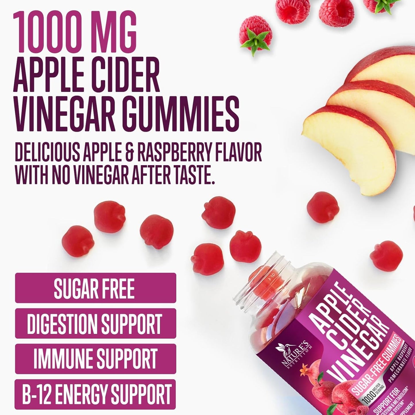 Apple Cider Vinegar Gummies 1000mg for Detox & Cleanse - Supports Digestion, Metabolism, Immune Health - Natural Apple Raspberry Flavor - Gluten Free & Vegan - 120 Gummies