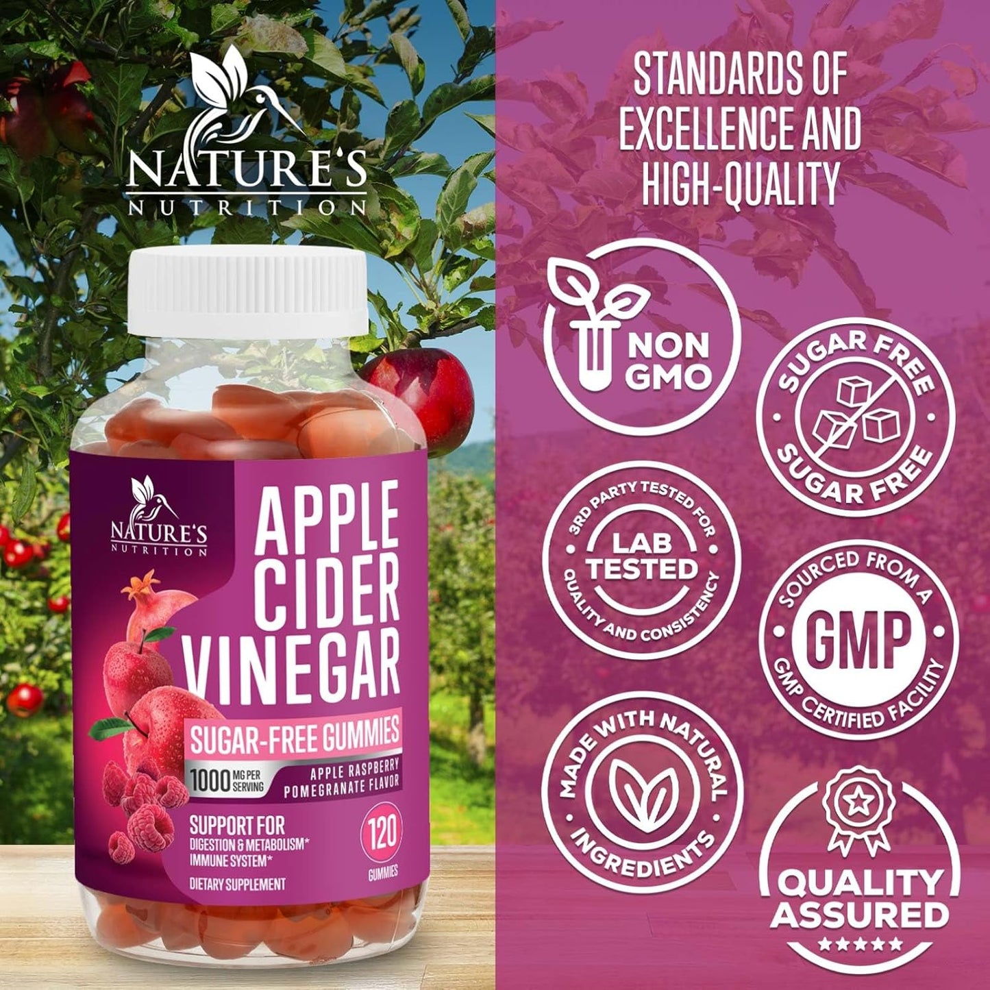 Apple Cider Vinegar Gummies 1000mg for Detox & Cleanse - Supports Digestion, Metabolism, Immune Health - Natural Apple Raspberry Flavor - Gluten Free & Vegan - 120 Gummies