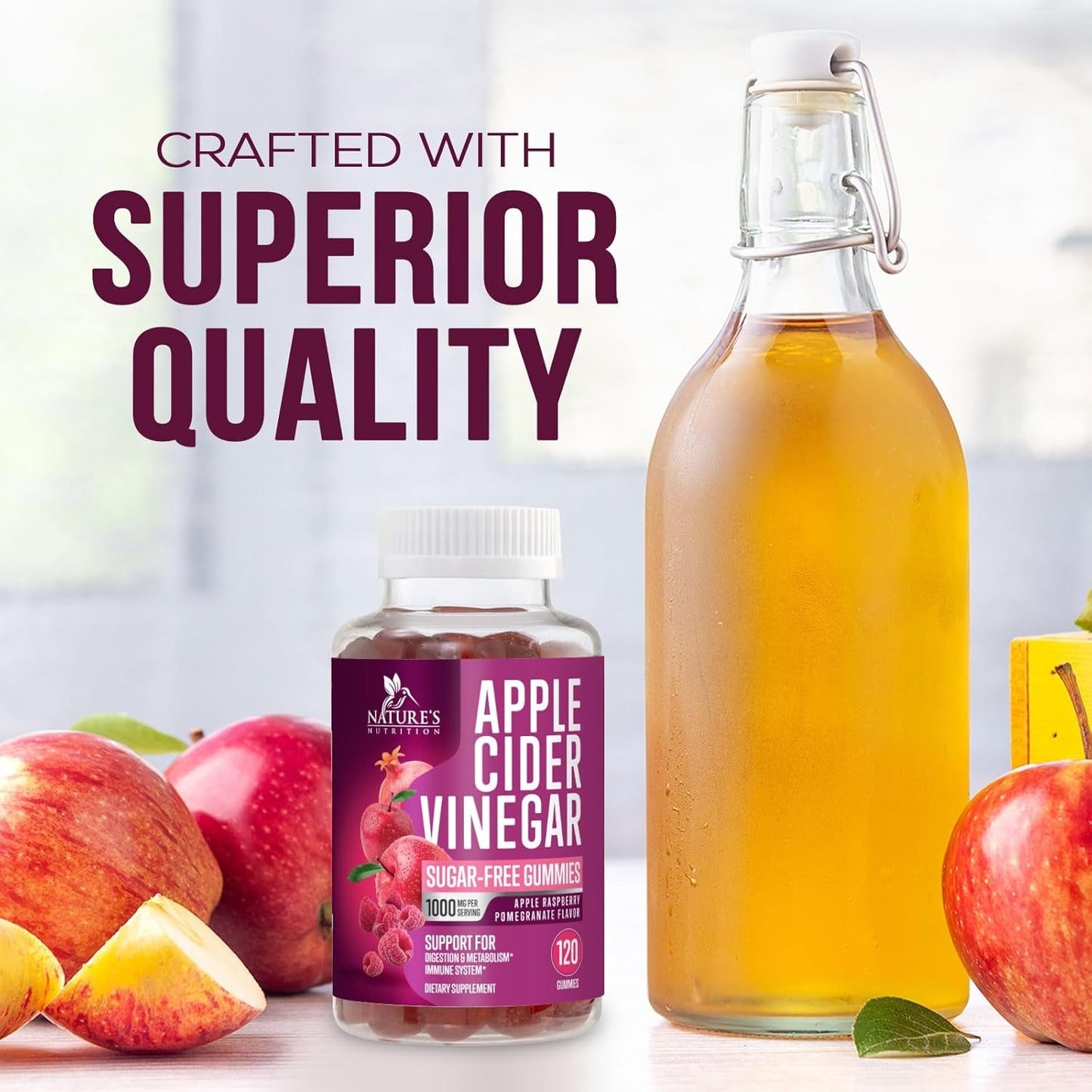 Apple Cider Vinegar Gummies 1000mg for Detox & Cleanse - Supports Digestion, Metabolism, Immune Health - Natural Apple Raspberry Flavor - Gluten Free & Vegan - 120 Gummies