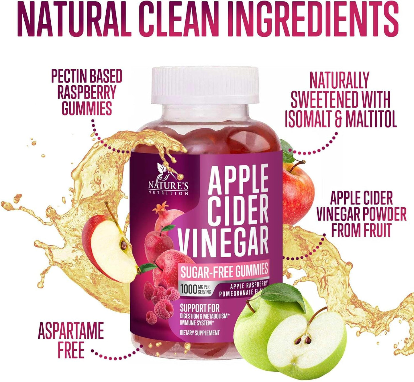Apple Cider Vinegar Gummies 1000mg for Detox & Cleanse - Supports Digestion, Metabolism, Immune Health - Natural Apple Raspberry Flavor - Gluten Free & Vegan - 120 Gummies