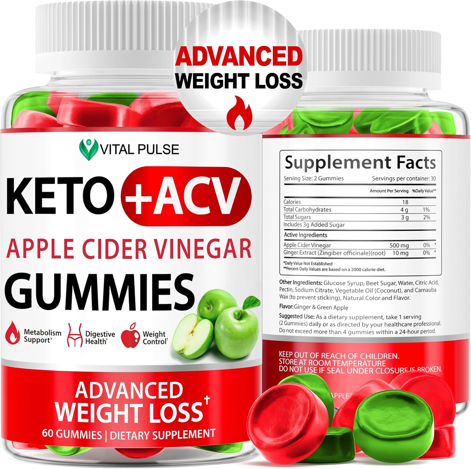 Apple Cider Vinegar Gummies for Weight Loss - Advanced ACV Keto Supplement for Men and Women - Detox and Apple Flavor - Vital Pulse Keto Gummies