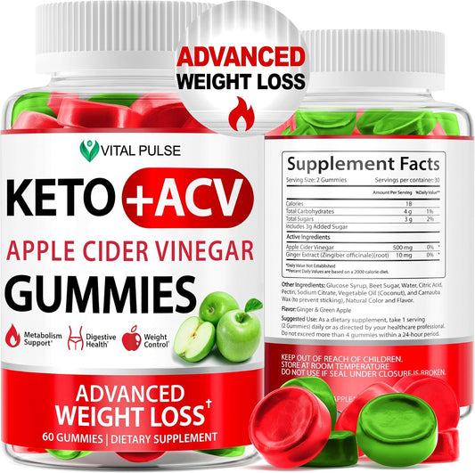 Apple Cider Vinegar Gummies for Weight Loss - Advanced ACV Keto Supplement for Men and Women - Detox and Apple Flavor - Vital Pulse Keto Gummies