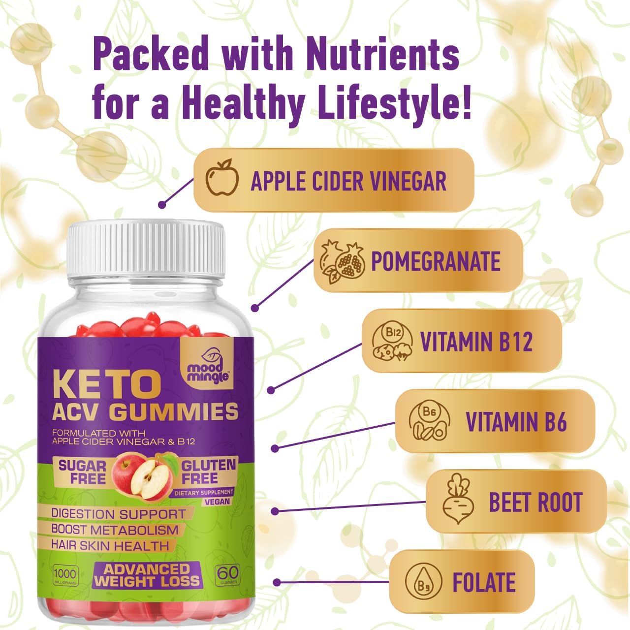 Apple Cider Vinegar Gummies for Weight Loss - Keto, Gluten & Sugar-Free Supplement for Men and Women - 60 Gummies (1000MG)