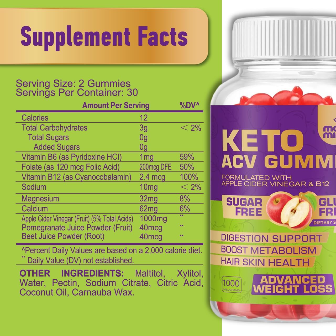 Apple Cider Vinegar Gummies for Weight Loss - Keto, Gluten & Sugar-Free Supplement for Men and Women - 60 Gummies (1000MG)