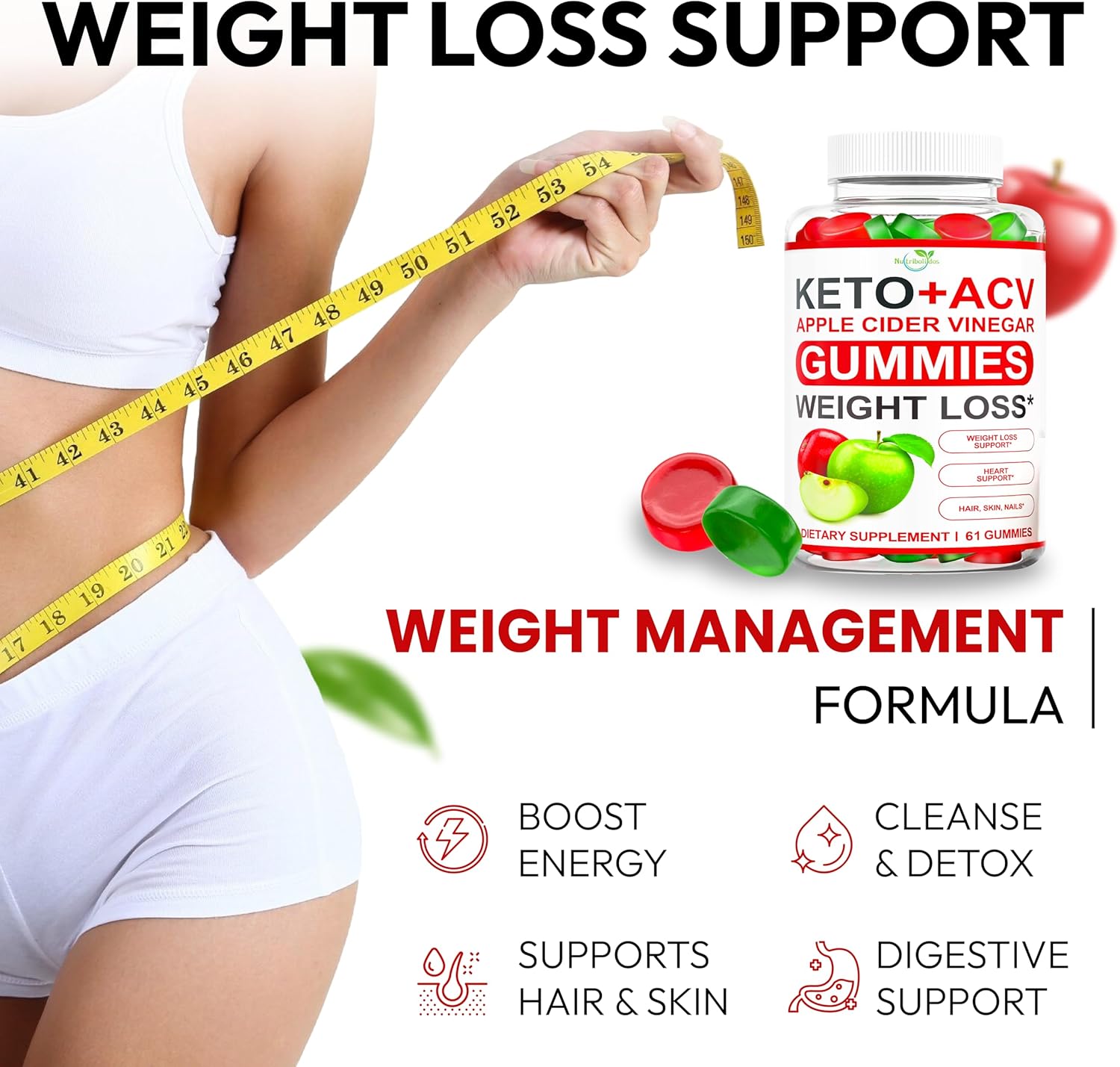 Apple Cider Vinegar Gummies for Weight Loss - Metabolism Boost, Detox Cleanse - ACV Keto Supplement for Men and Women - Kelly Clarkson Approved - Ginger Apple Flavor - 61 Count