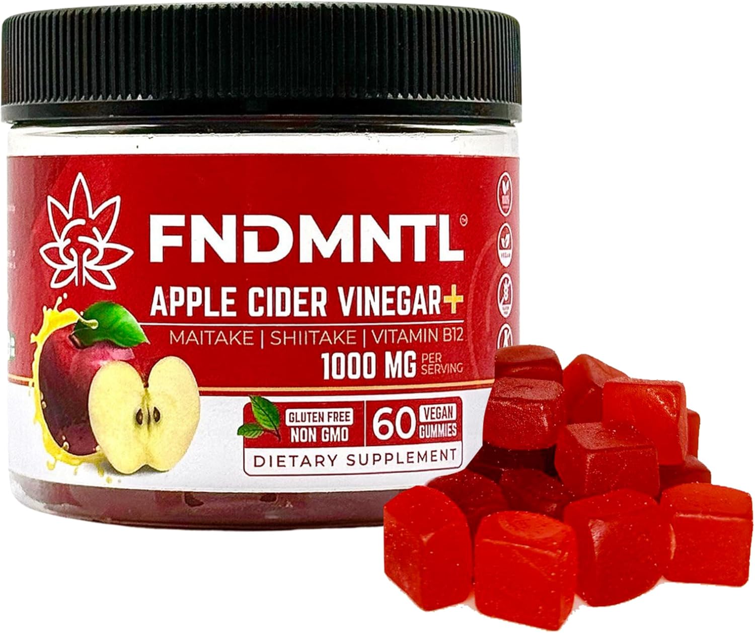 Apple Cider Vinegar Gummies with Maitake, Shitake, and Vitamin B12 - 1000 mg - 60 Count - Gelatin-Free, Gluten-Free, Vegan & Non-GMO