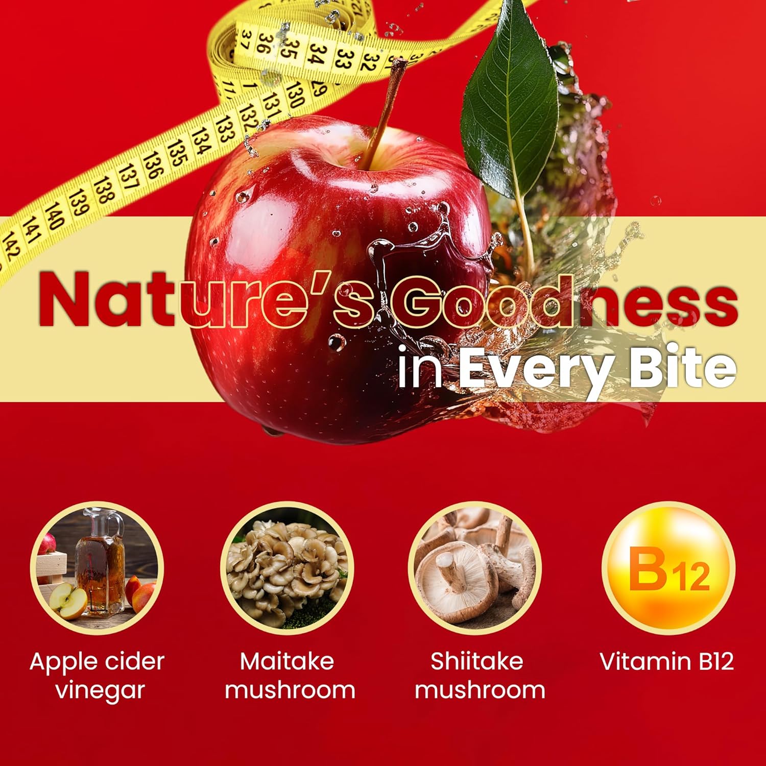 Apple Cider Vinegar Gummies with Maitake, Shitake, and Vitamin B12 - 1000 mg - 60 Count - Gelatin-Free, Gluten-Free, Vegan & Non-GMO