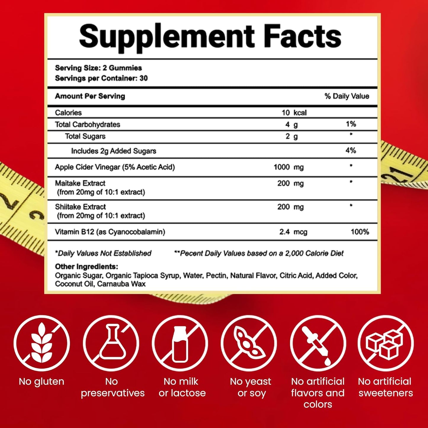 Apple Cider Vinegar Gummies with Maitake, Shitake, and Vitamin B12 - 1000 mg - 60 Count - Gelatin-Free, Gluten-Free, Vegan & Non-GMO