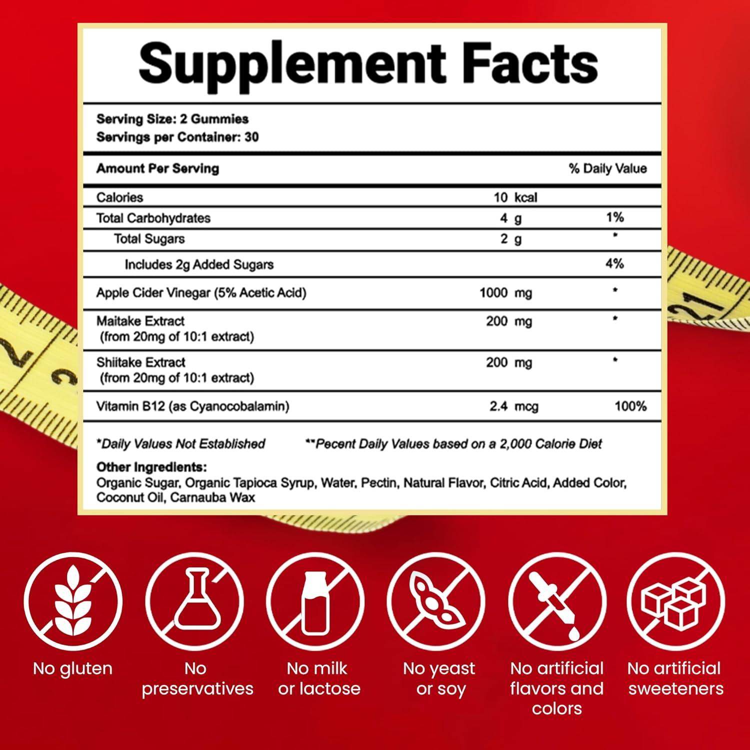 Apple Cider Vinegar Gummies with Maitake, Shitake, and Vitamin B12 - 1000 mg - 60 Count - Gelatin-Free, Gluten-Free, Vegan & Non-GMO