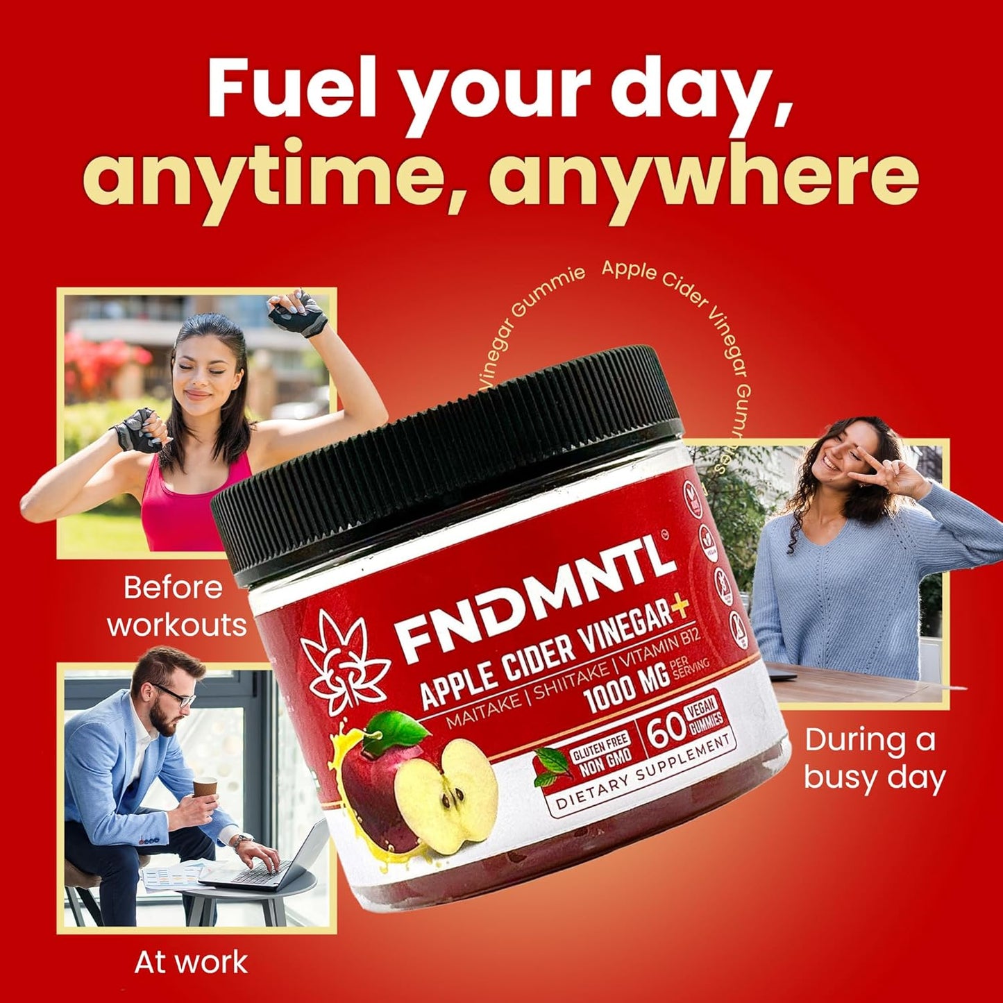 Apple Cider Vinegar Gummies with Maitake, Shitake, and Vitamin B12 - 1000 mg - 60 Count - Gelatin-Free, Gluten-Free, Vegan & Non-GMO