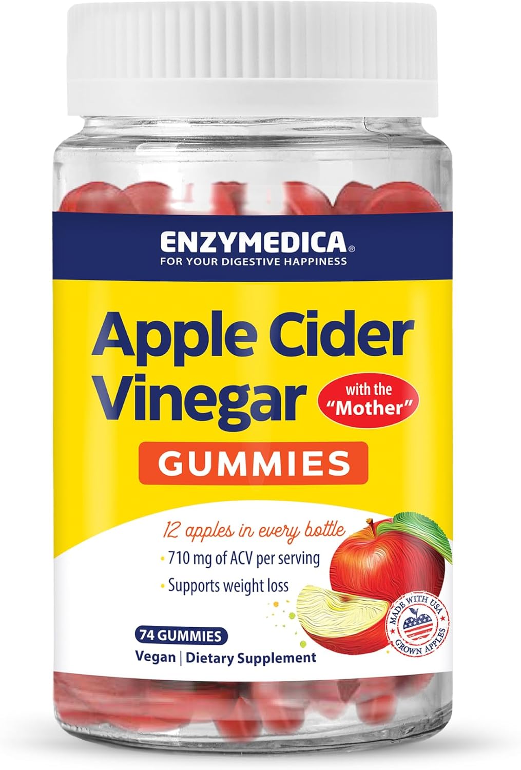 Apple Cider Vinegar Gummies with The Mother, Organic & USA-Grown Apples, High Vitamin B12, Natural Apple Flavor - 74 Count