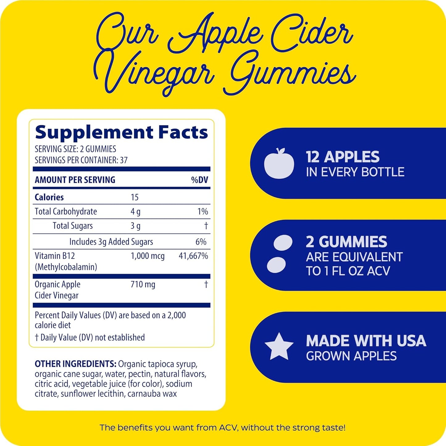 Apple Cider Vinegar Gummies with The Mother, Organic & USA-Grown Apples, High Vitamin B12, Natural Apple Flavor - 74 Count