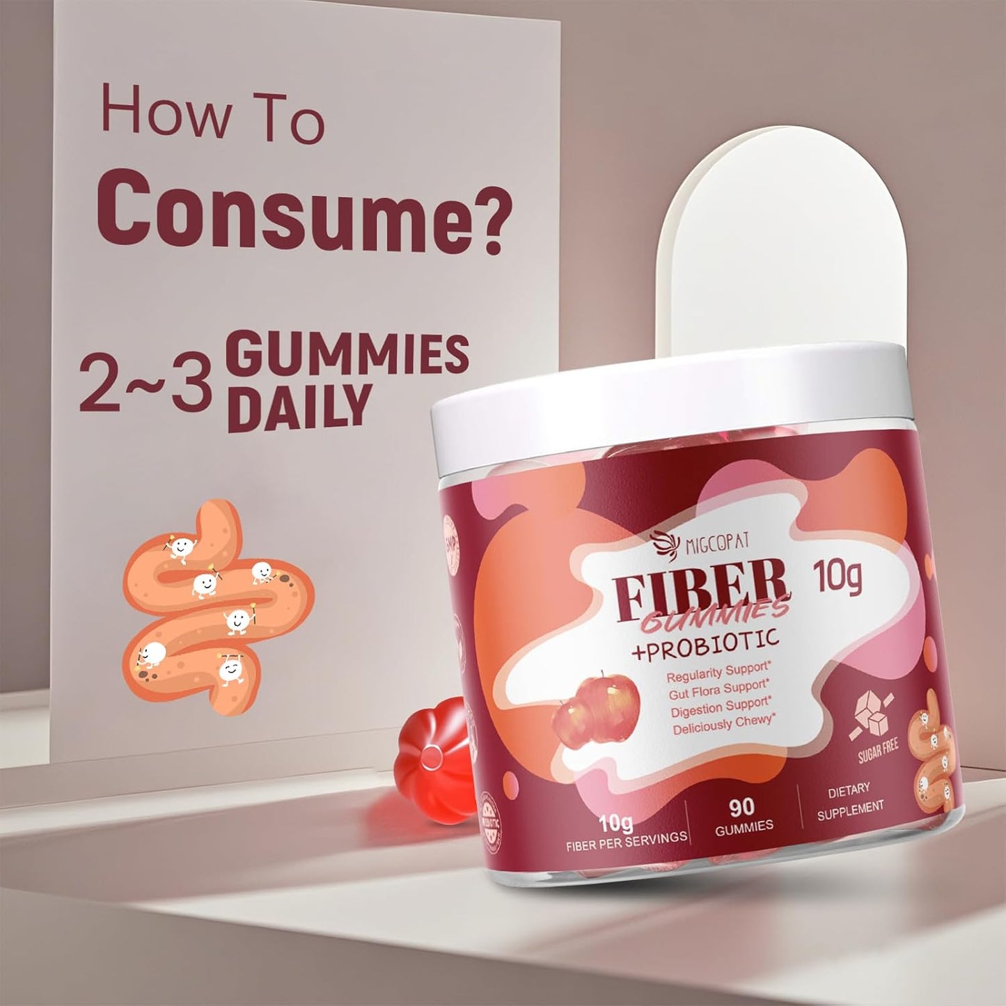 Apple Flavor Fiber Gummies with Probiotics, 10G Fiber, 10 Billion CFU, Apple Cider Vinegar, Vitamin C, Bloating Support - 90 Count