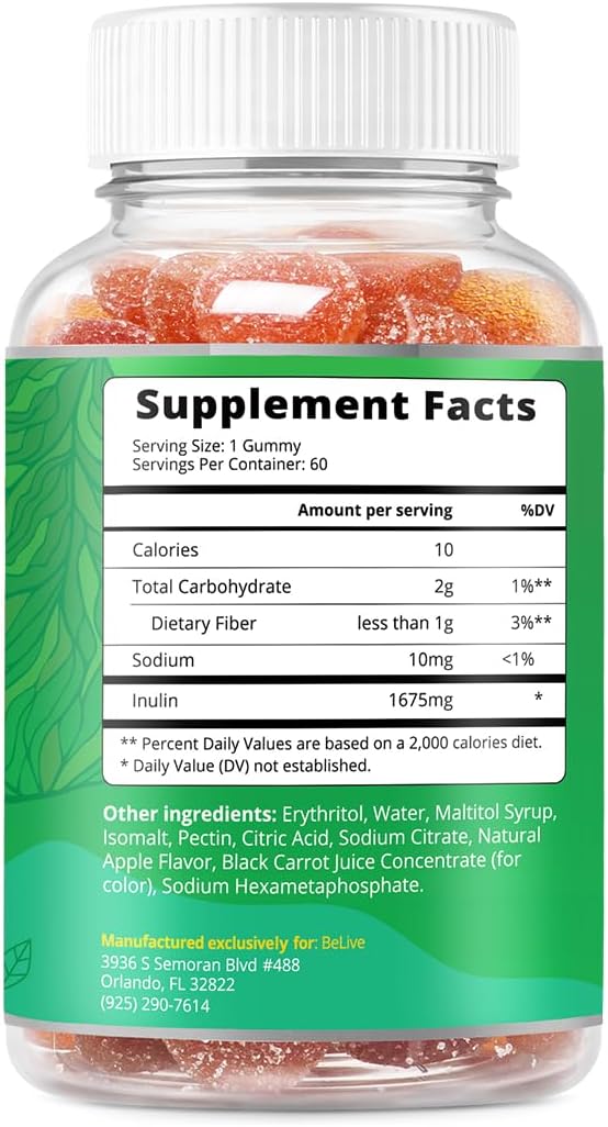 Apple Flavored BeLive Fiber Gummies - Prebiotic Supplement with Chicory Root & Inulin | Supports Digestive Health | Vegan & Sugar Free | 60 Ct.